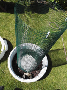 The mesh wire is held in place by lava rocks in the base. The overflow is protected with larger stones.